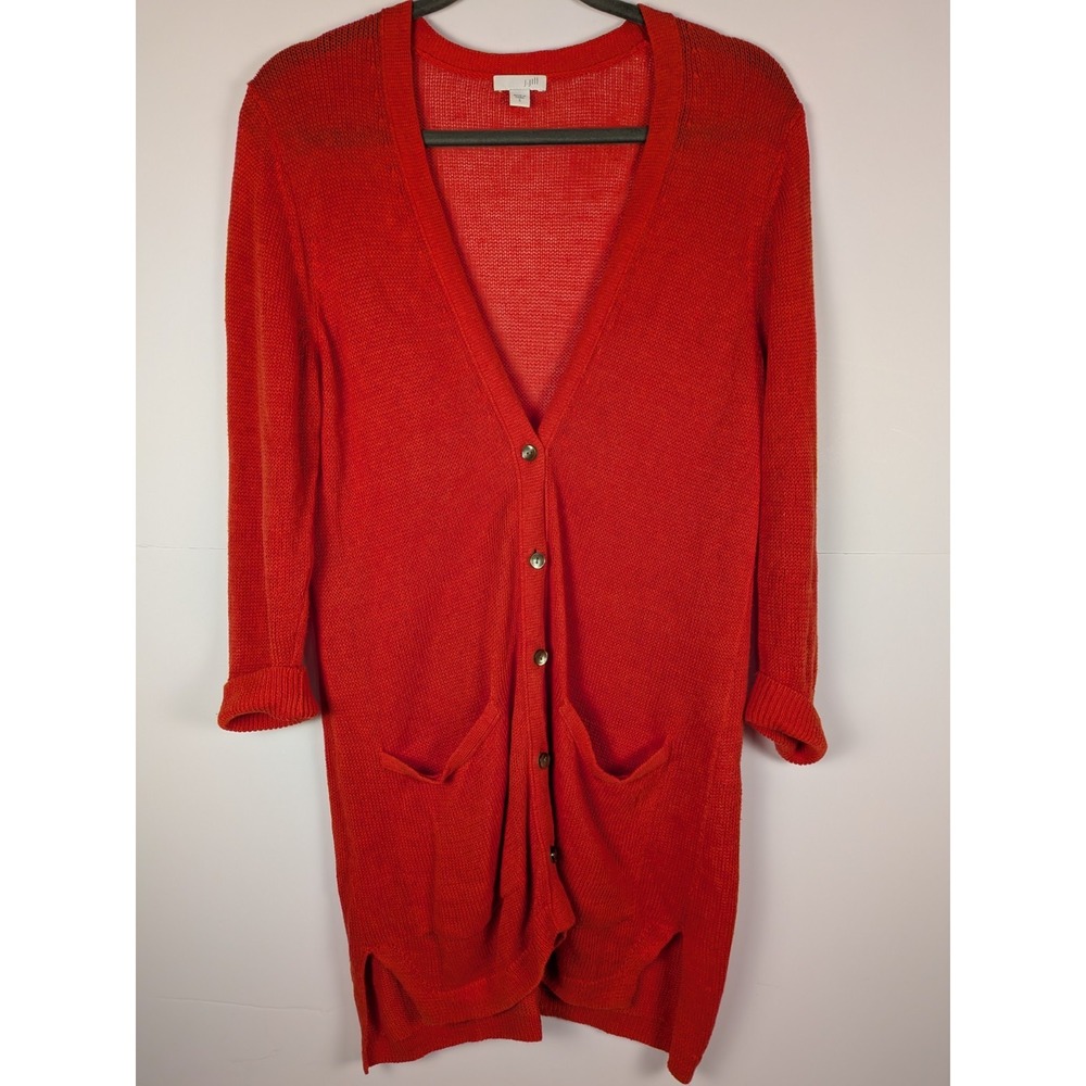 J. Jill Red Linen blend long 5-button cardigan sweater with pockets Small